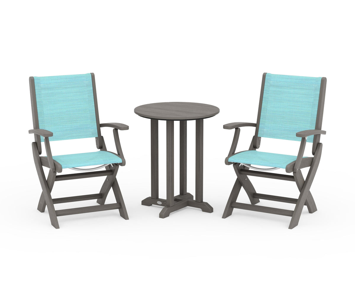 POLYWOOD Coastal Folding 3-Piece Round Bistro Dining Set in Driftwood / Dupioni Aquamarine