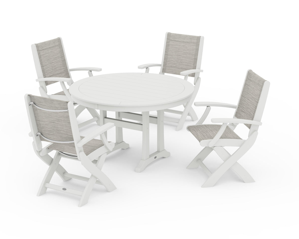 POLYWOOD Coastal Folding Chair 5-Piece Round Dining Set with Trestle Legs in Vintage White / Birch
