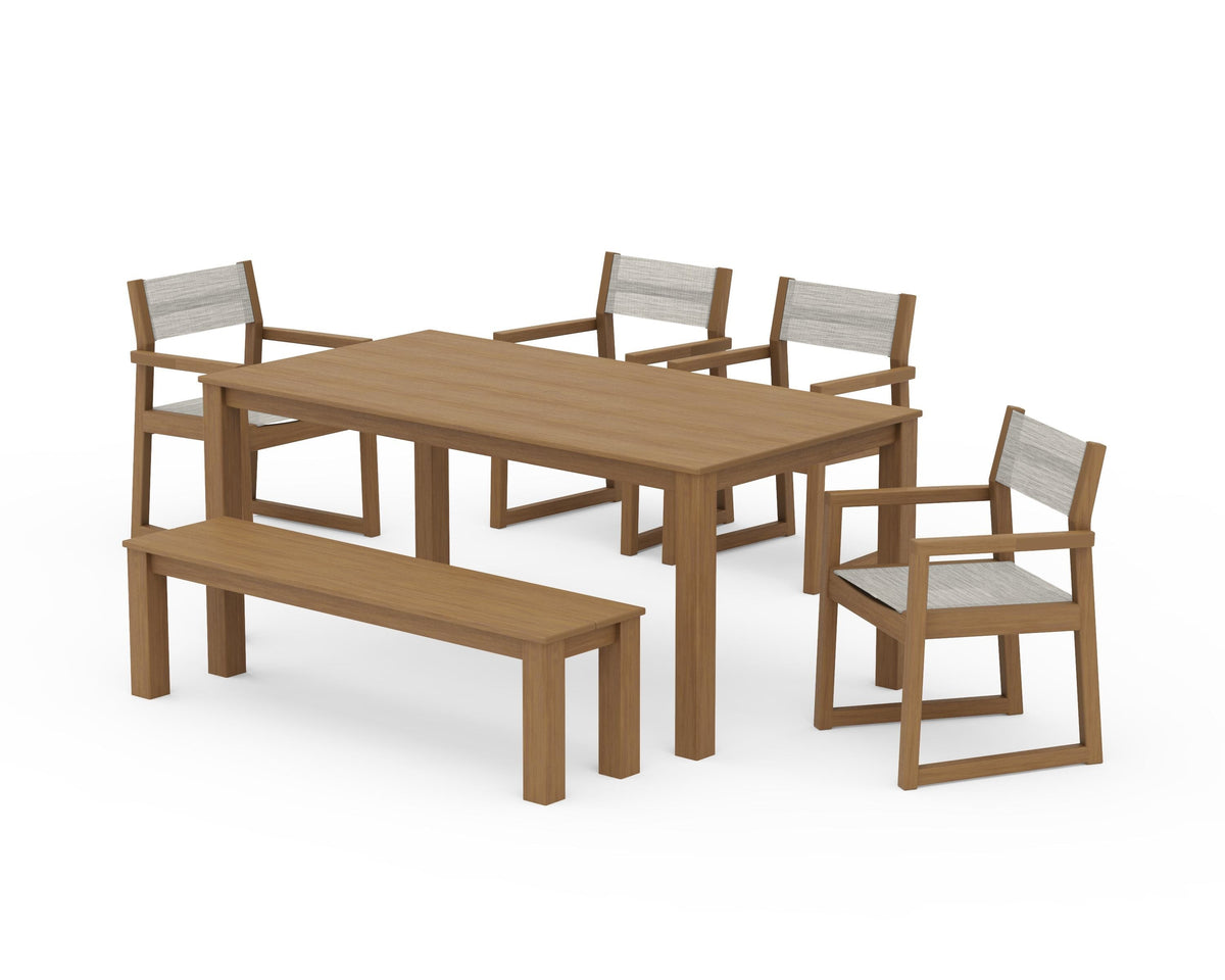 POLYWOOD EDGE Sling Arm Chair 6-Piece Parsons Dining Set with Bench in Natural / Birch