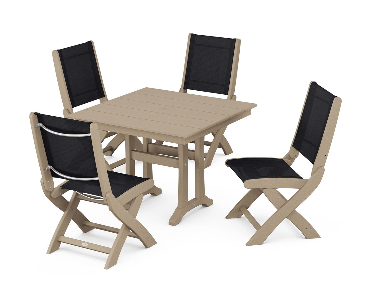 POLYWOOD Coastal Folding Side Chair 5-Piece Farmhouse Dining Set With Trestle Legs in Vintage Sahara / Black