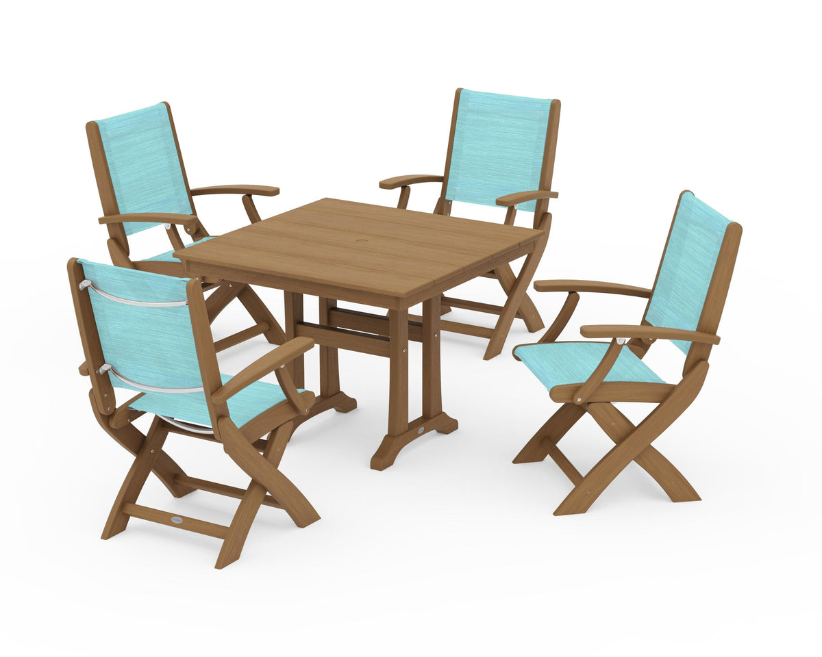 POLYWOOD Coastal Folding Chair 5-Piece Farmhouse Dining Set With Trestle Legs in Natural / Dupioni Aquamarine