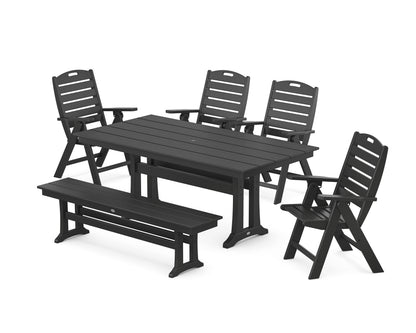 POLYWOOD Nautical Highback 6-Piece Farmhouse Dining Set with Trestle Legs and Bench in Black