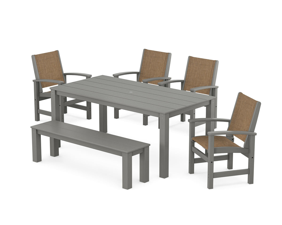 POLYWOOD Coastal 6-Piece Parsons Dining Set with Bench in Slate Grey / Burlap