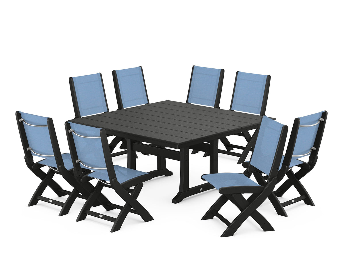 POLYWOOD Coastal Folding Side Chair 9-Piece Farmhouse Dining Set in Black / Poolside