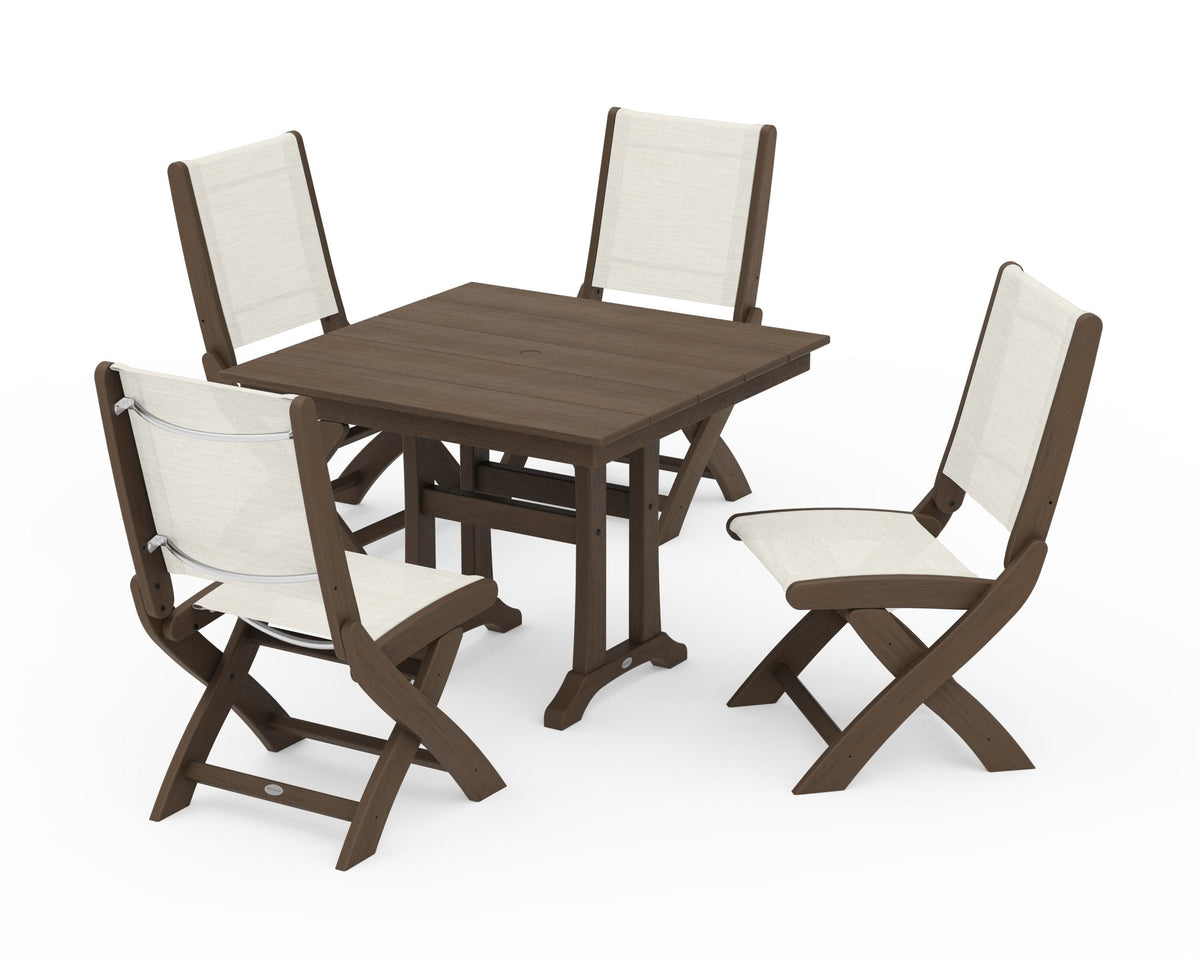 POLYWOOD Coastal Folding Side Chair 5-Piece Farmhouse Dining Set With Trestle Legs in Kona / Parchment