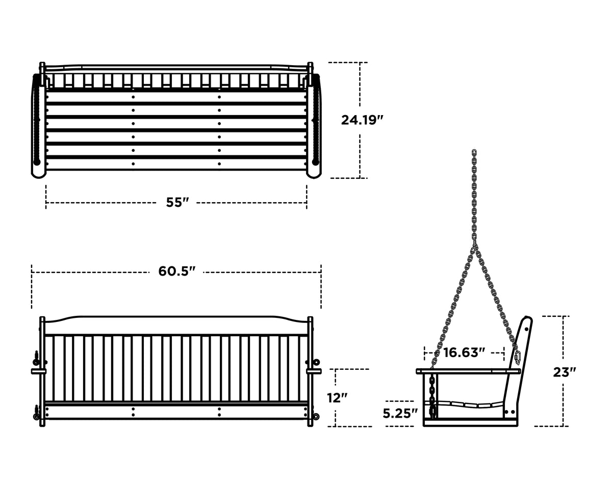 POLYWOOD Country Living 60" Swing dimension drawing with width, depth and height measurements