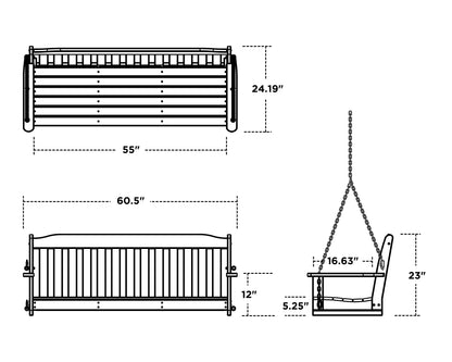 POLYWOOD Country Living 60" Swing dimension drawing with width, depth and height measurements