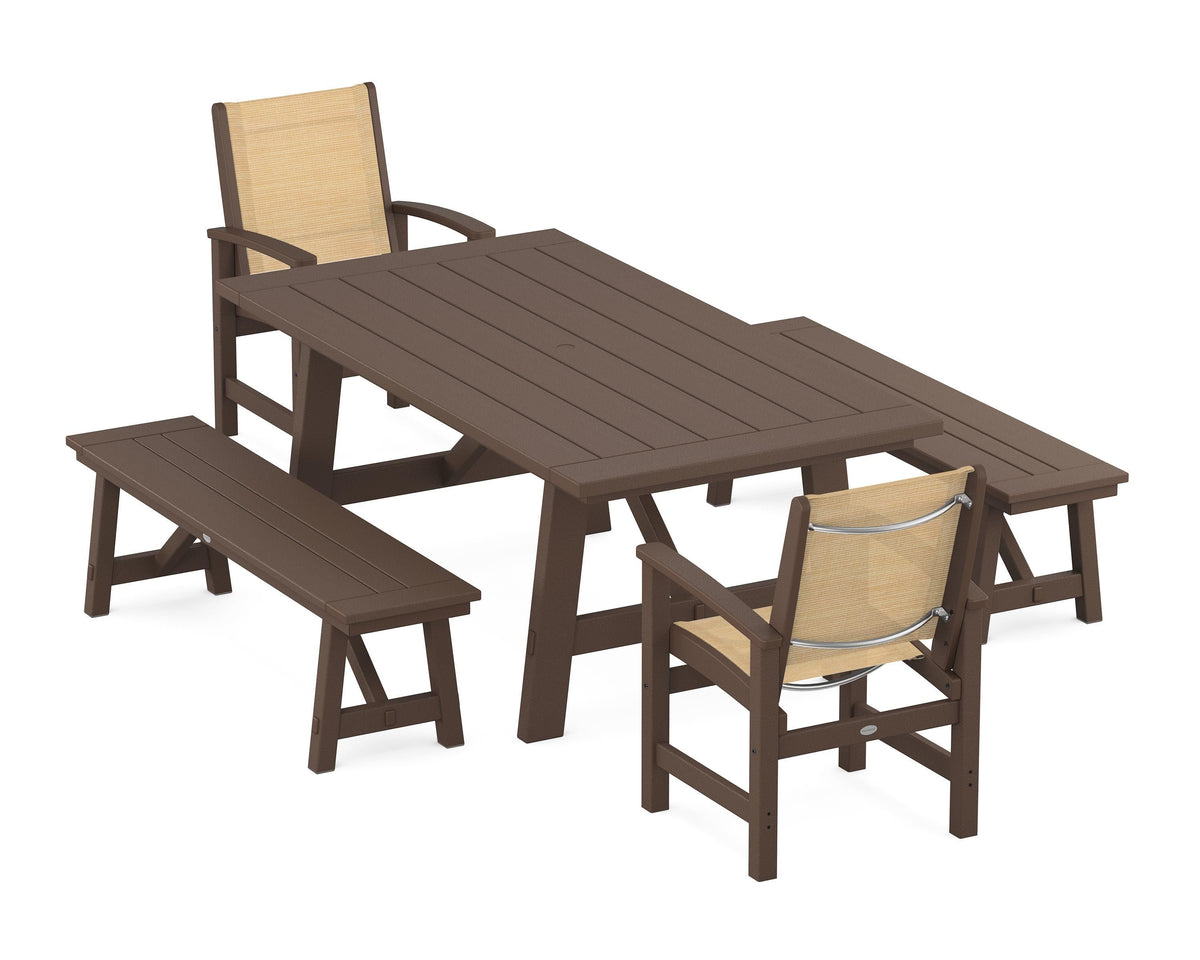 POLYWOOD Coastal 5-Piece Rustic Farmhouse Dining Set With Benches in Mahogany / Dupioni Apricot