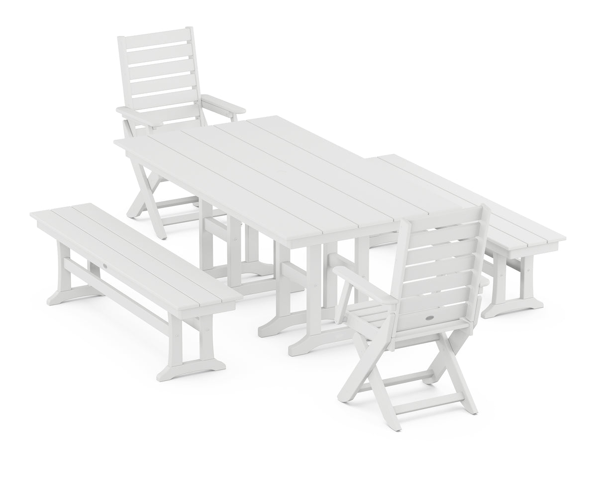 POLYWOOD Captain Folding Chair 5-Piece Farmhouse Dining Set with Benches in White