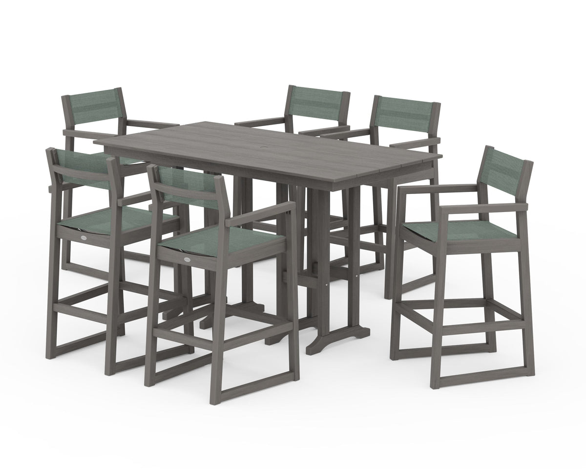 POLYWOOD EDGE Sling Arm Chair 7-Piece Farmhouse Bar Set in Driftwood / Dupioni Sea Mist