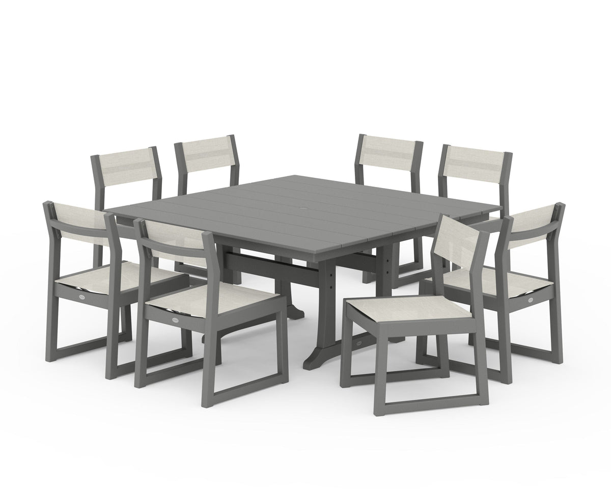POLYWOOD EDGE Sling Side Chair 9-Piece Farmhouse Trestle Dining Set in Slate Grey / Parchment