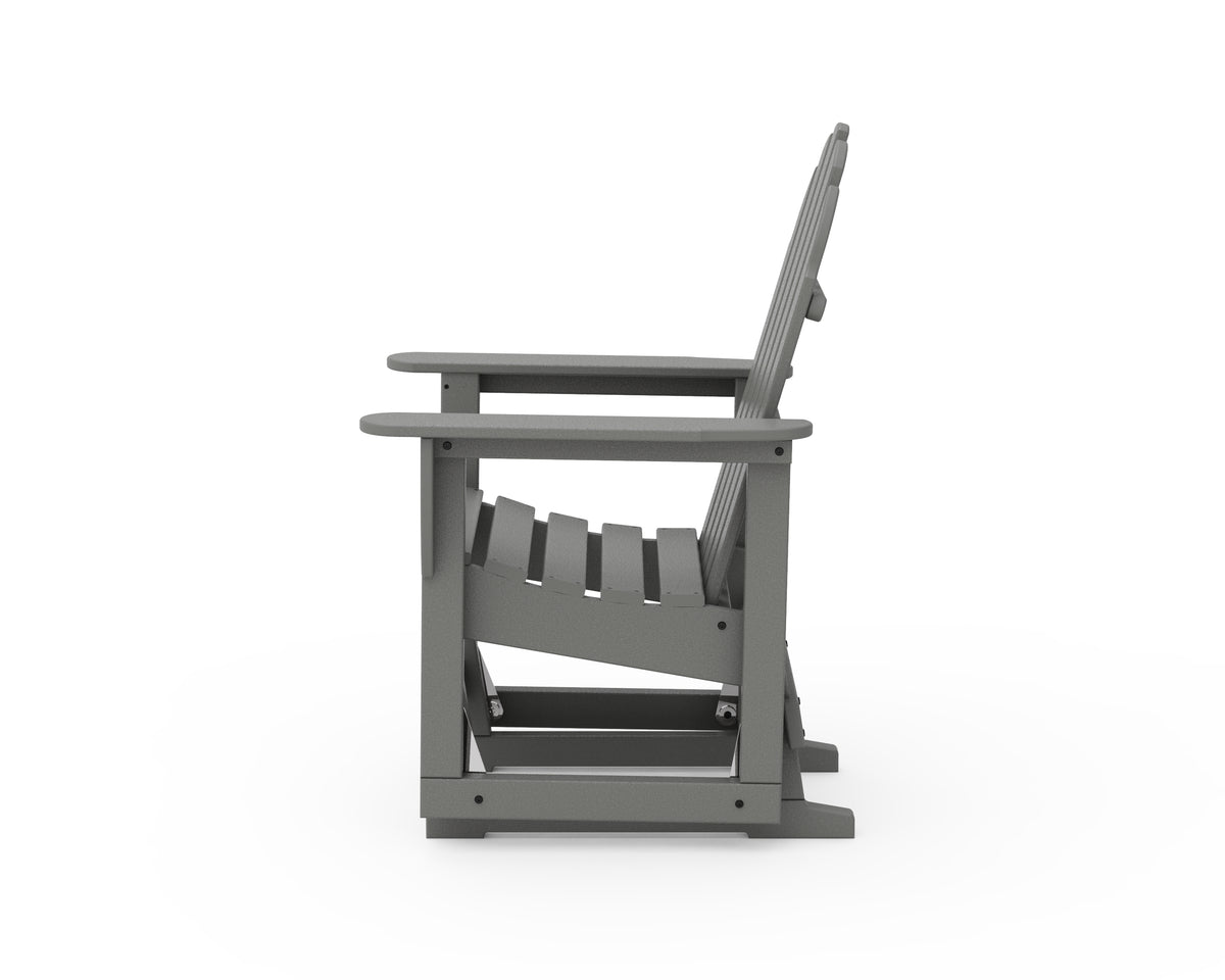 Angled view of the POLYWOOD Classic Adirondack Glider Chair in Slate Grey