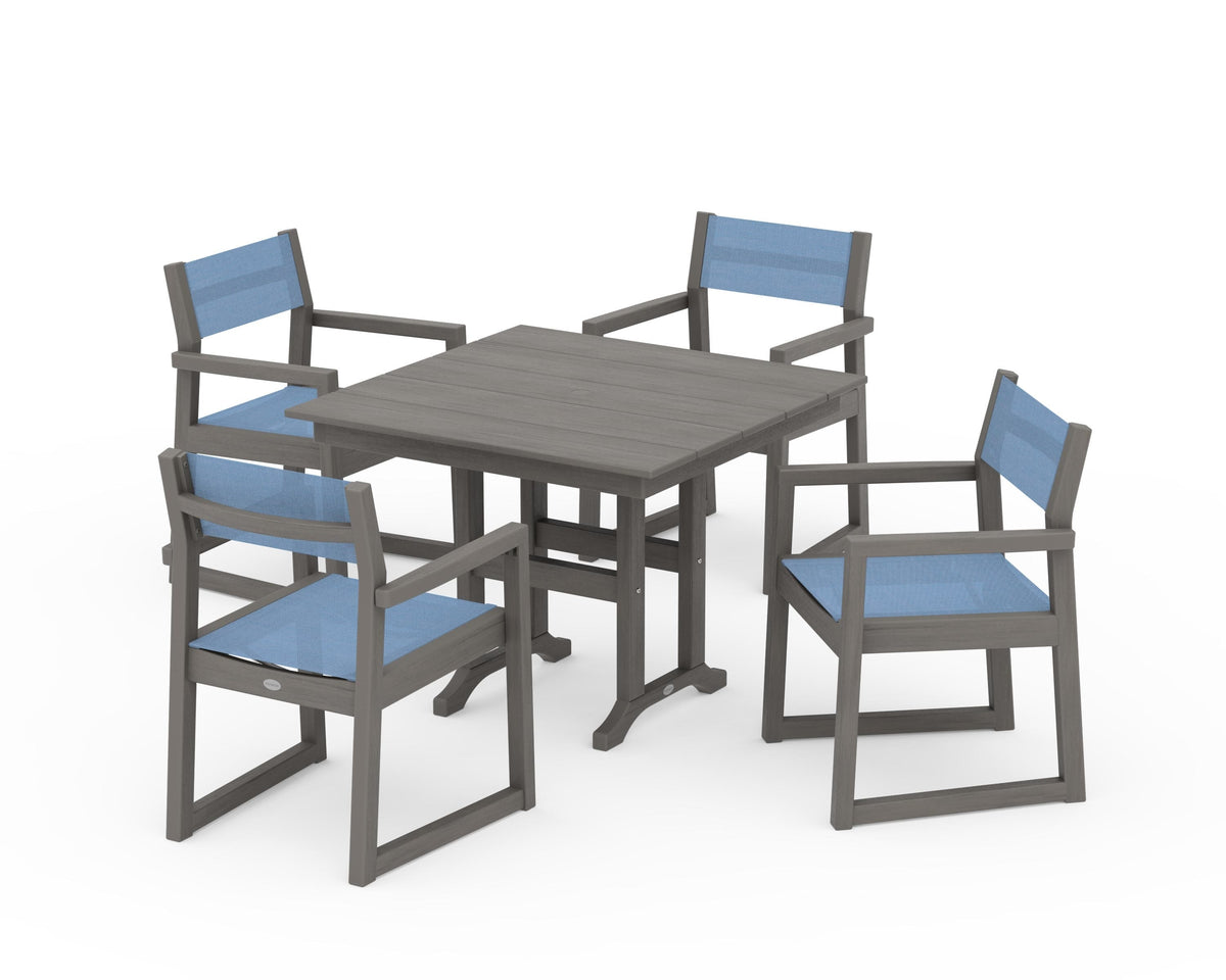POLYWOOD EDGE Sling Arm Chair 5-Piece Farmhouse Dining Set in Driftwood / Poolside
