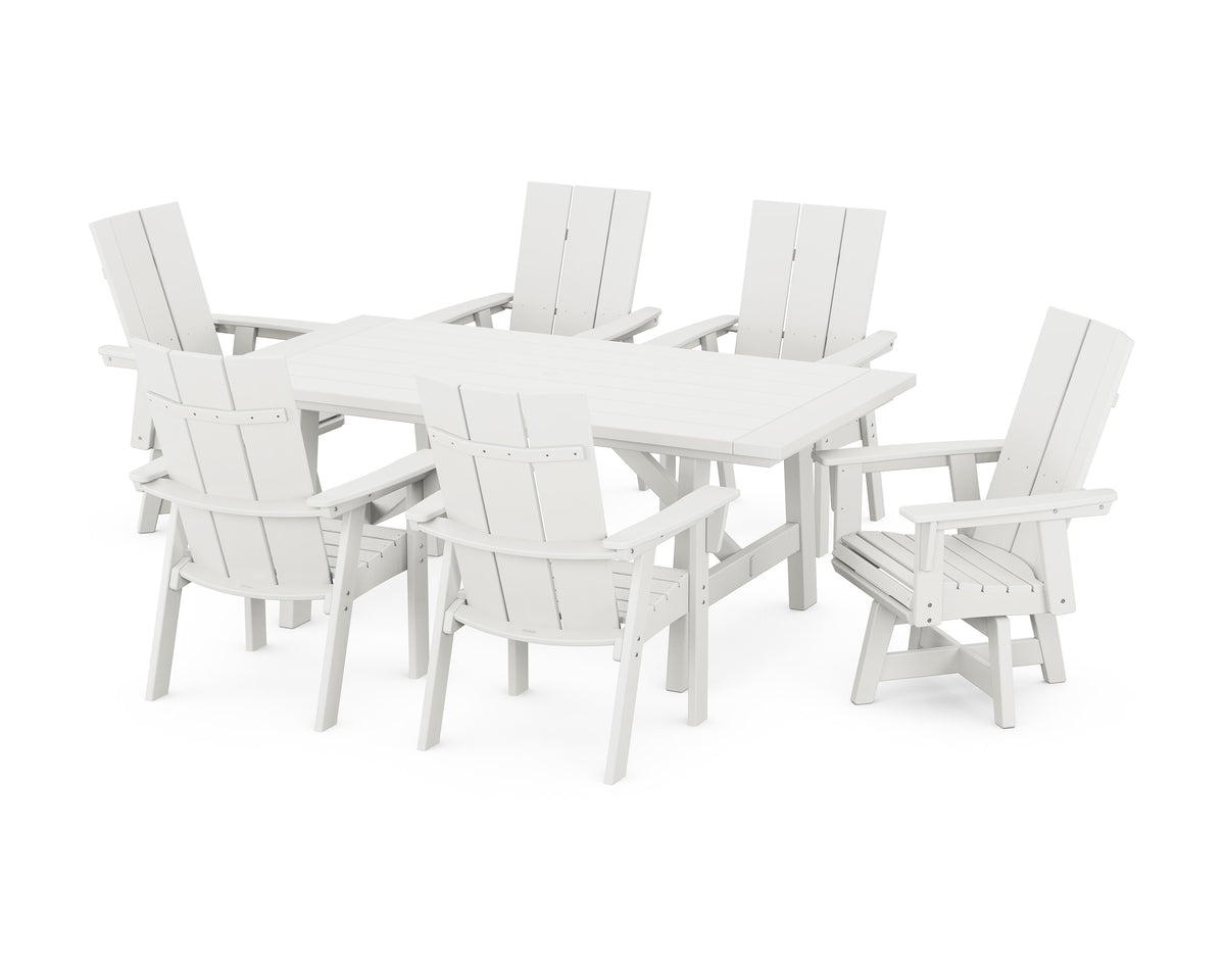 POLYWOOD Modern Curveback Adirondack 7-Piece Rustic Farmhouse Swivel Dining Set in Vintage White