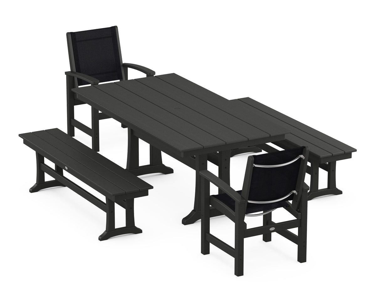 POLYWOOD Coastal 5-Piece Farmhouse Dining Set with Trestle Legs and Benches in Black / Black
