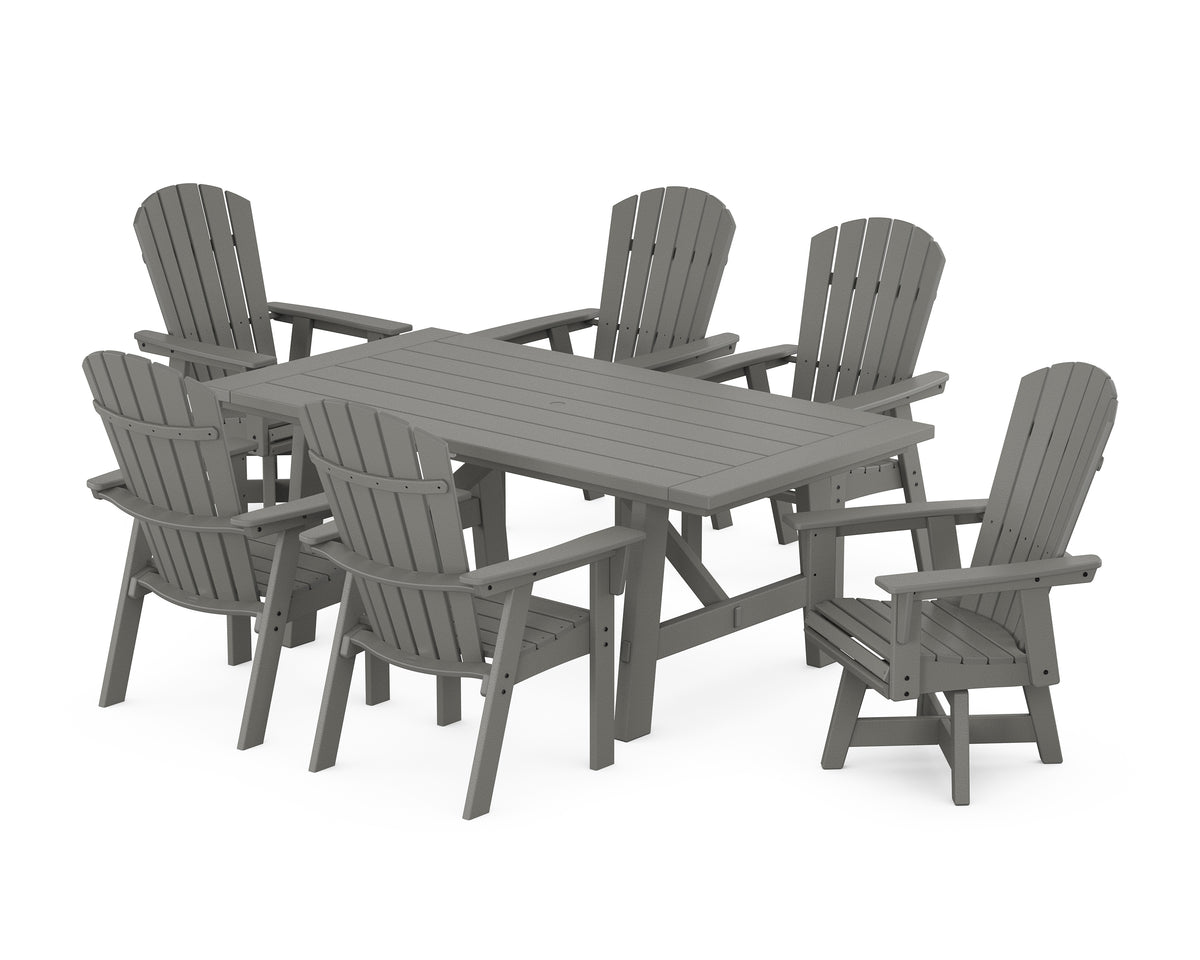 POLYWOOD Nautical Curveback Adirondack Swivel Chair 7-Piece Rustic Farmhouse Dining Set in Slate Grey