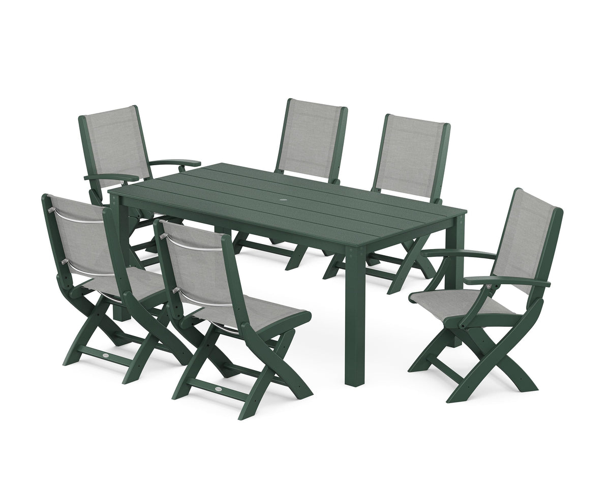 POLYWOOD Coastal Folding Chair 7-Piece Parsons Dining Set with Coastal Folding Side Chair in Green / Metallic
