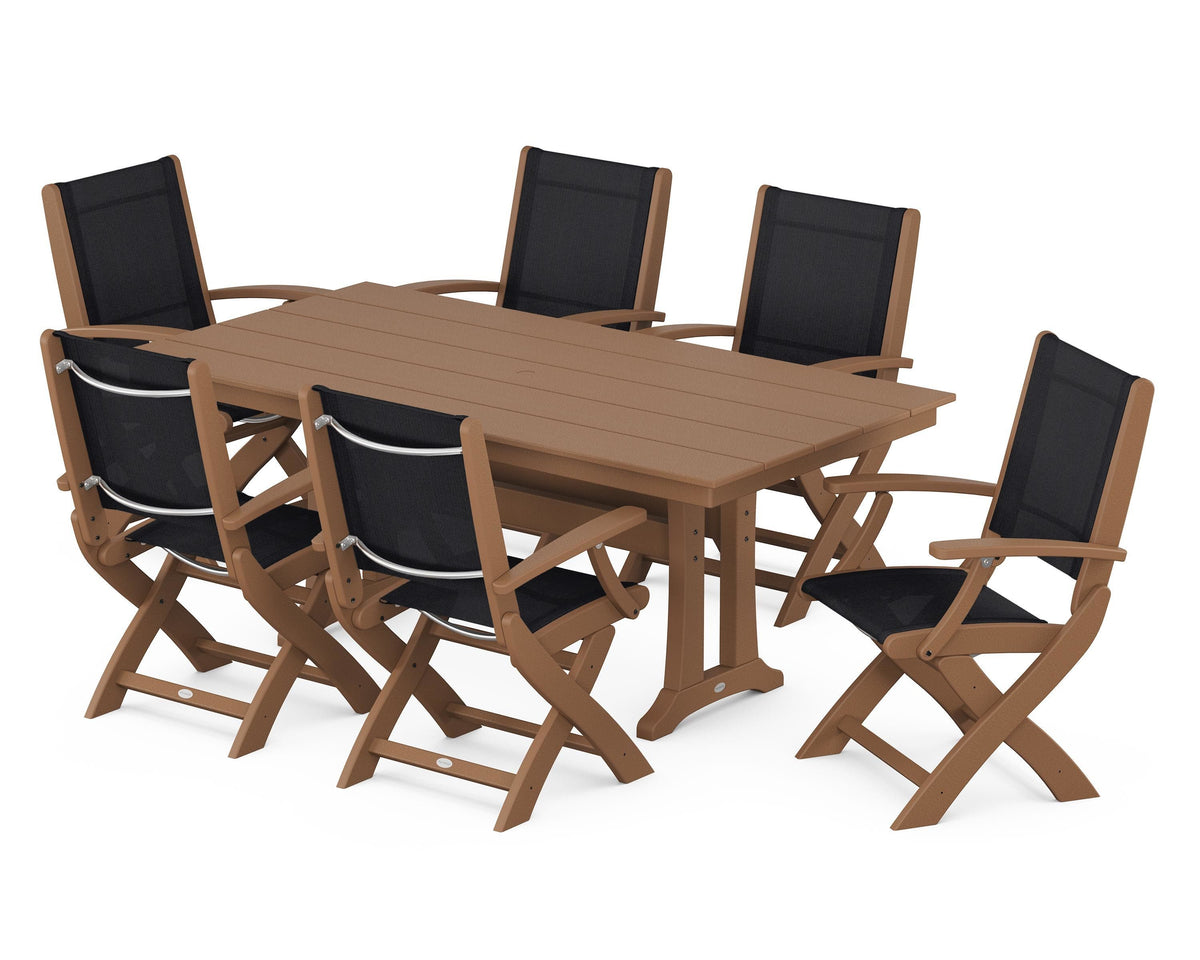 POLYWOOD Coastal Folding Arm Chair 7-Piece Farmhouse Dining Set with Trestle Legs in Teak / Black