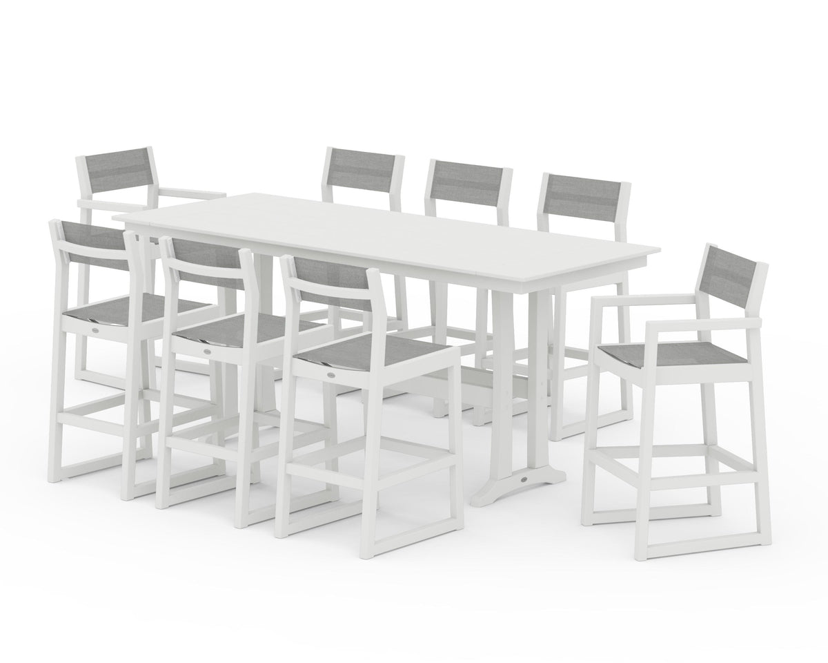 POLYWOOD EDGE Sling 9-Piece Farmhouse Bar Set with Trestle Legs in Vintage White / Metallic