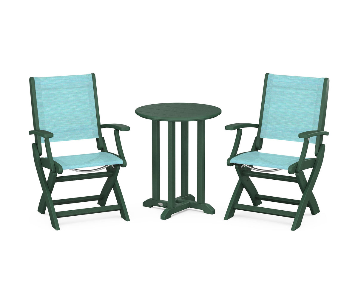 POLYWOOD Coastal Folding 3-Piece Round Bistro Dining Set in Green / Dupioni Aquamarine