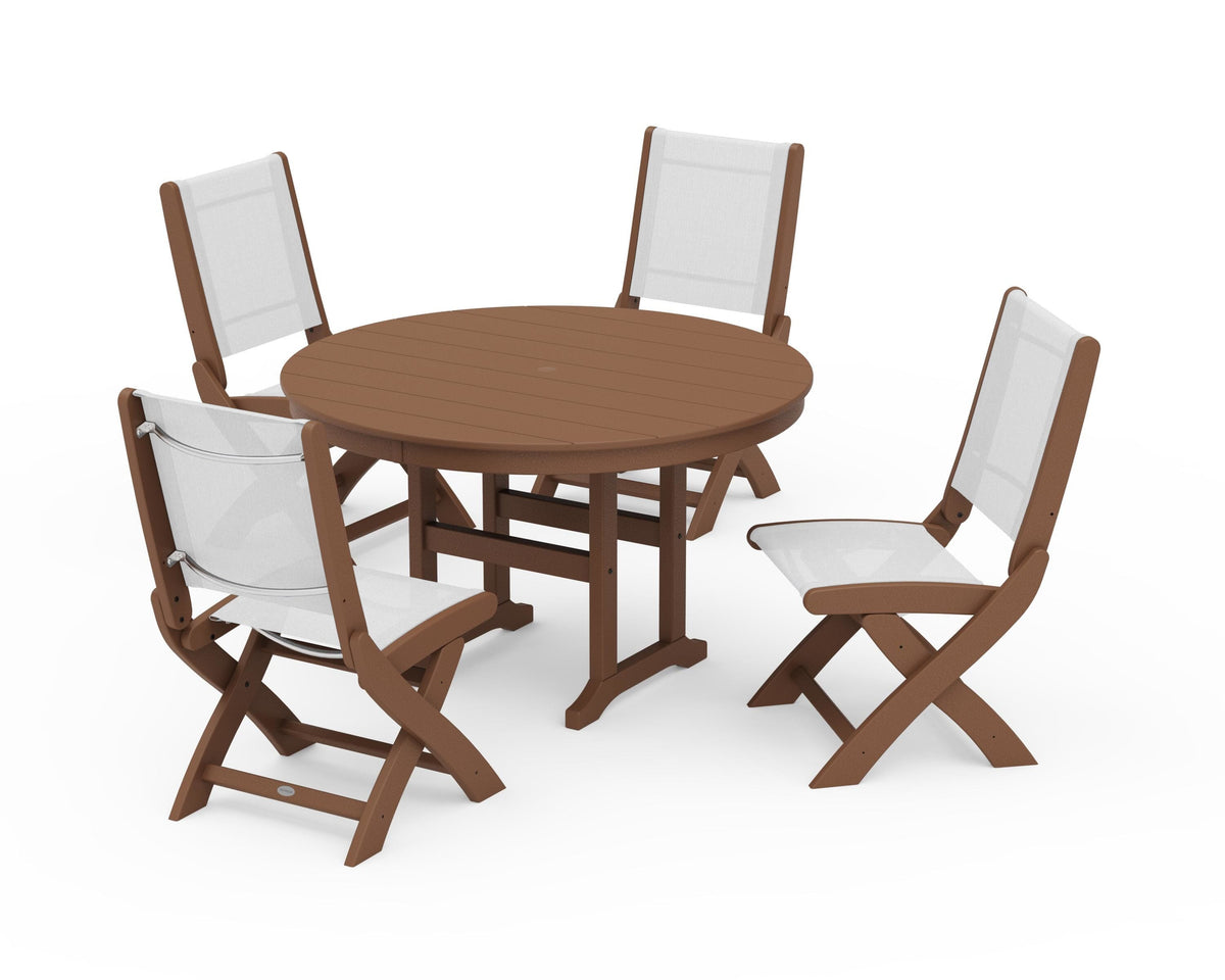 POLYWOOD Coastal Folding Side Chair 5-Piece Round Dining Set in Teak / White