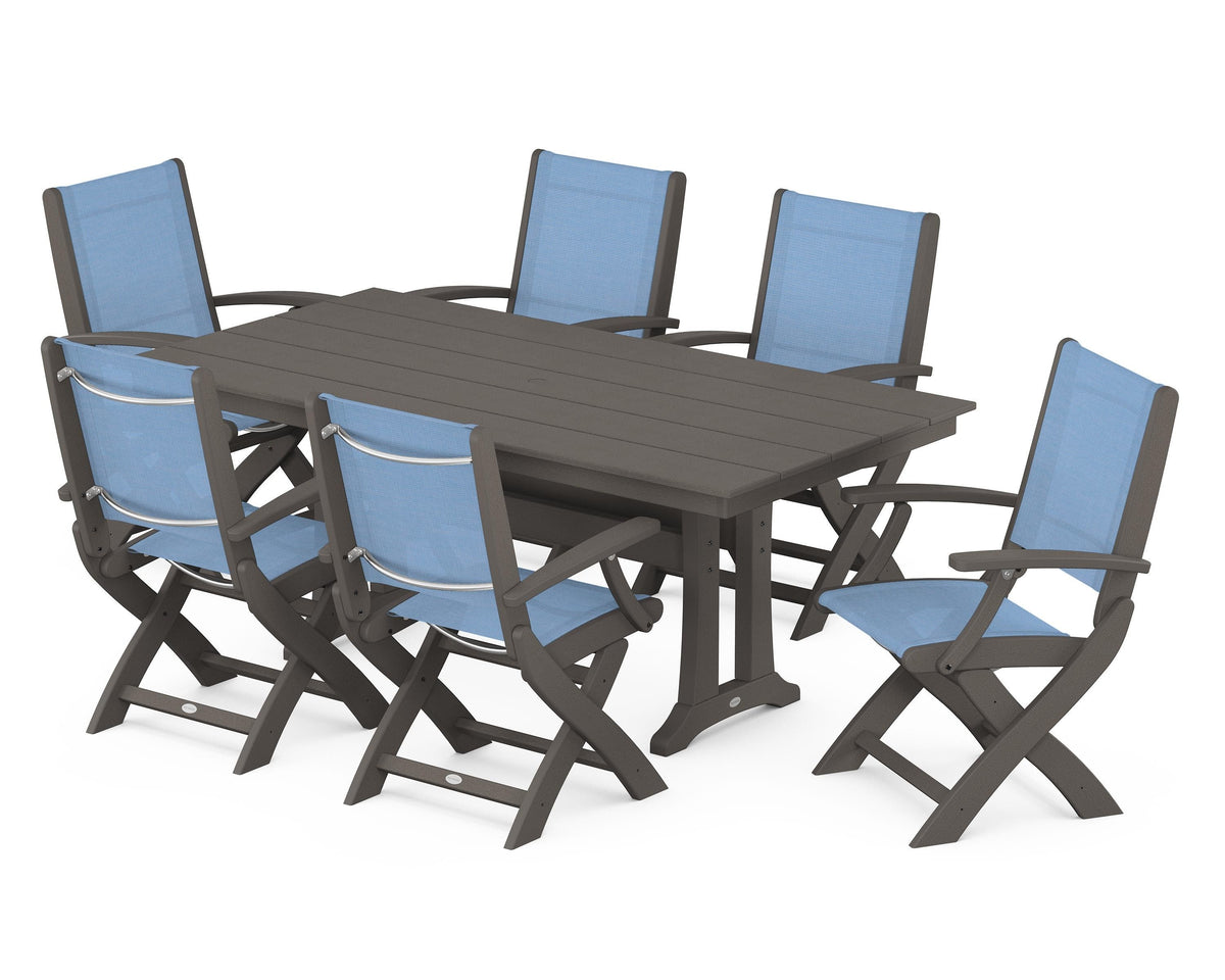 POLYWOOD Coastal Folding Arm Chair 7-Piece Farmhouse Dining Set with Trestle Legs in Vintage Coffee / Poolside