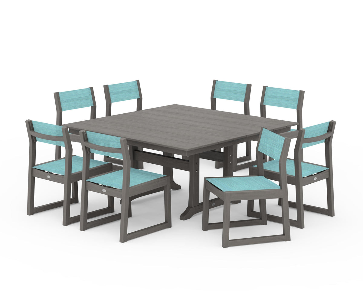 POLYWOOD EDGE Sling Side Chair 9-Piece Farmhouse Trestle Dining Set in Driftwood / Dupioni Aquamarine