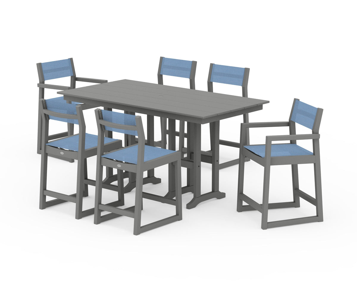 POLYWOOD EDGE Sling 7-Piece Farmhouse Counter Set with Trestle Legs in Slate Grey / Poolside