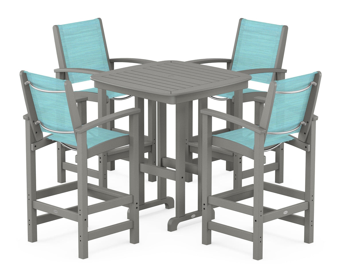 POLYWOOD Coastal 5-Piece Bar Set in Slate Grey / Dupioni Aquamarine