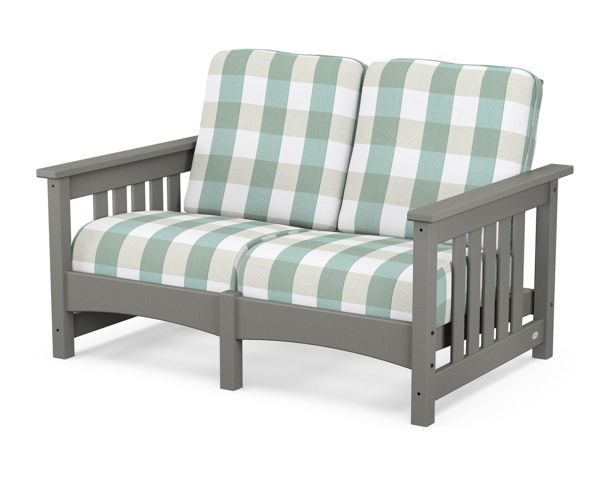 POLYWOOD Club Mission Loveseat in Slate Grey / Buffalo Plaid Glacier Spa
