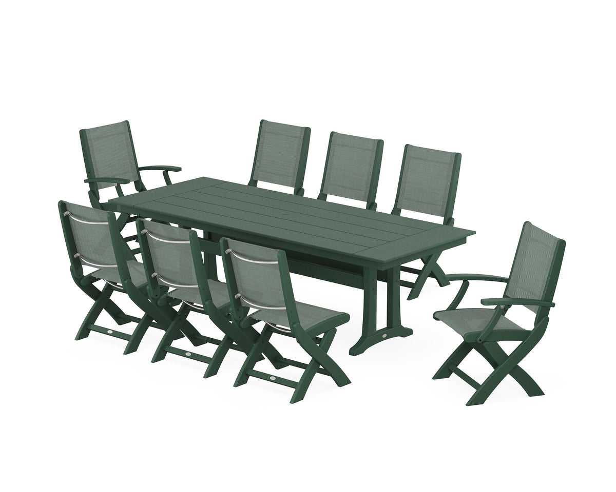 POLYWOOD Coastal 9-Piece Folding Dining Chair Farmhouse Dining Set with Trestle Legs in Green / Dupioni Sea Mist