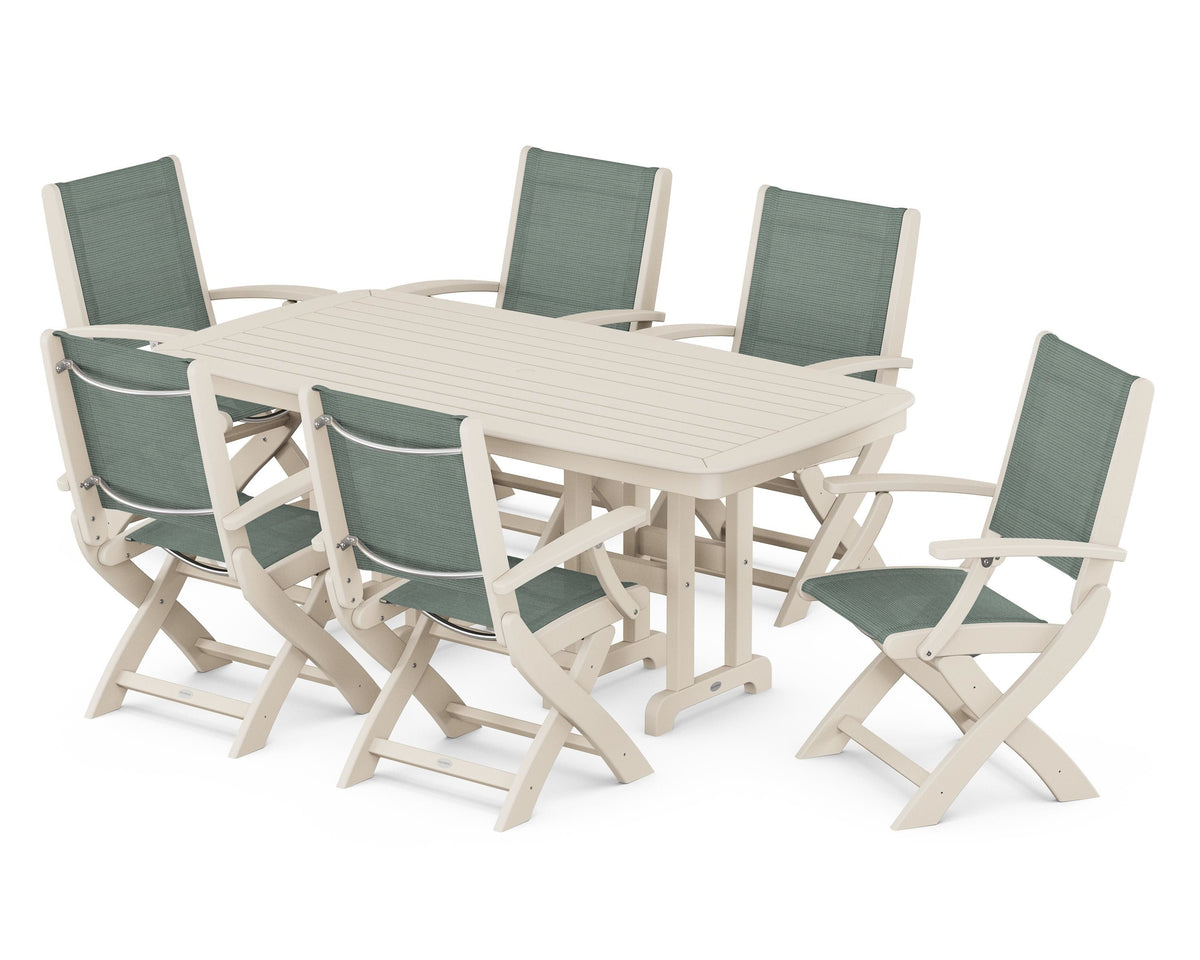 POLYWOOD Coastal Folding Arm Chair 7-Piece Dining Set in Sand / Dupioni Sea Mist