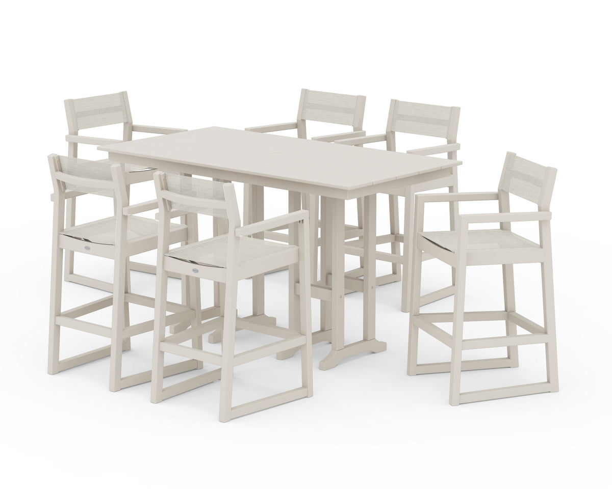 POLYWOOD EDGE Sling Arm Chair 7-Piece Farmhouse Bar Set in Sand / Parchment