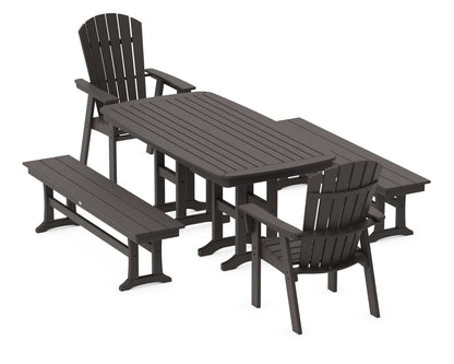 POLYWOOD Nautical Curveback Adirondack 5-Piece Dining Set with Benches - 37" x 72" Table in Vintage Coffee