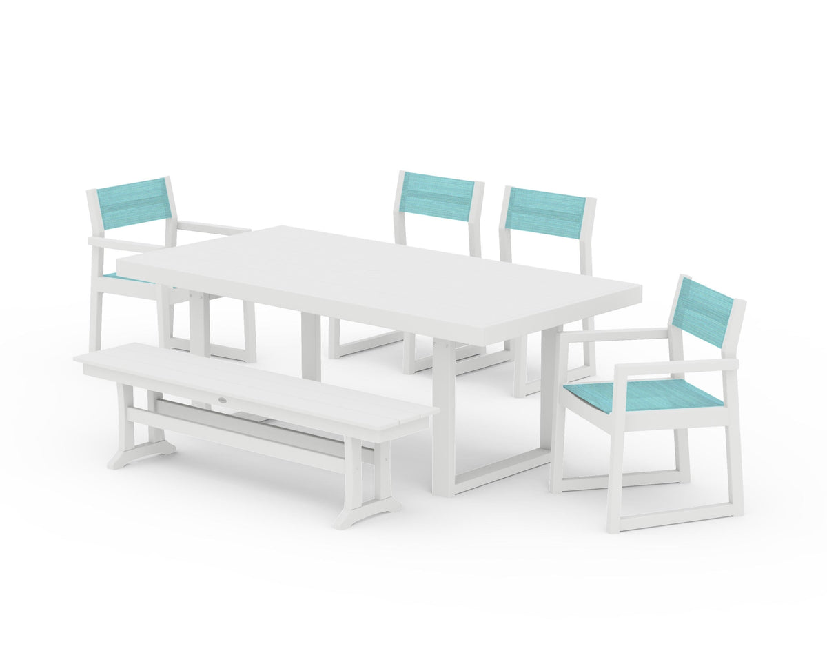 POLYWOOD EDGE Sling 6-Piece Dining Set with Bench in White / Dupioni Aquamarine