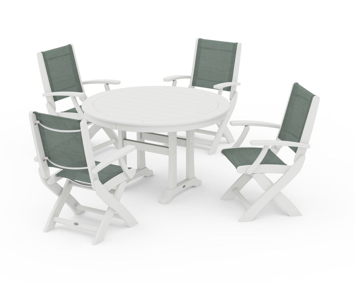 POLYWOOD Coastal Folding Chair 5-Piece Round Dining Set with Trestle Legs in Vintage White / Dupioni Sea Mist