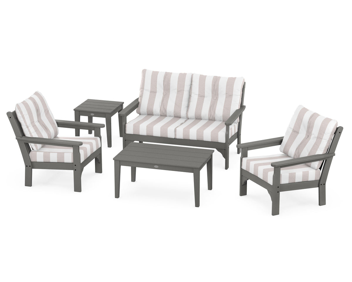 POLYWOOD Vineyard 5-Piece Deep Seating Set with Two Chairs and Loveseat in Slate Grey / Cabana Stripe Dune Burlap