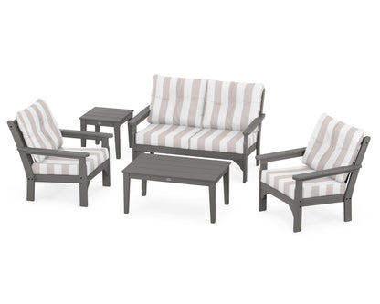 POLYWOOD Vineyard 5-Piece Deep Seating Set with Two Chairs and Loveseat in Slate Grey / Cabana Stripe Dune Burlap