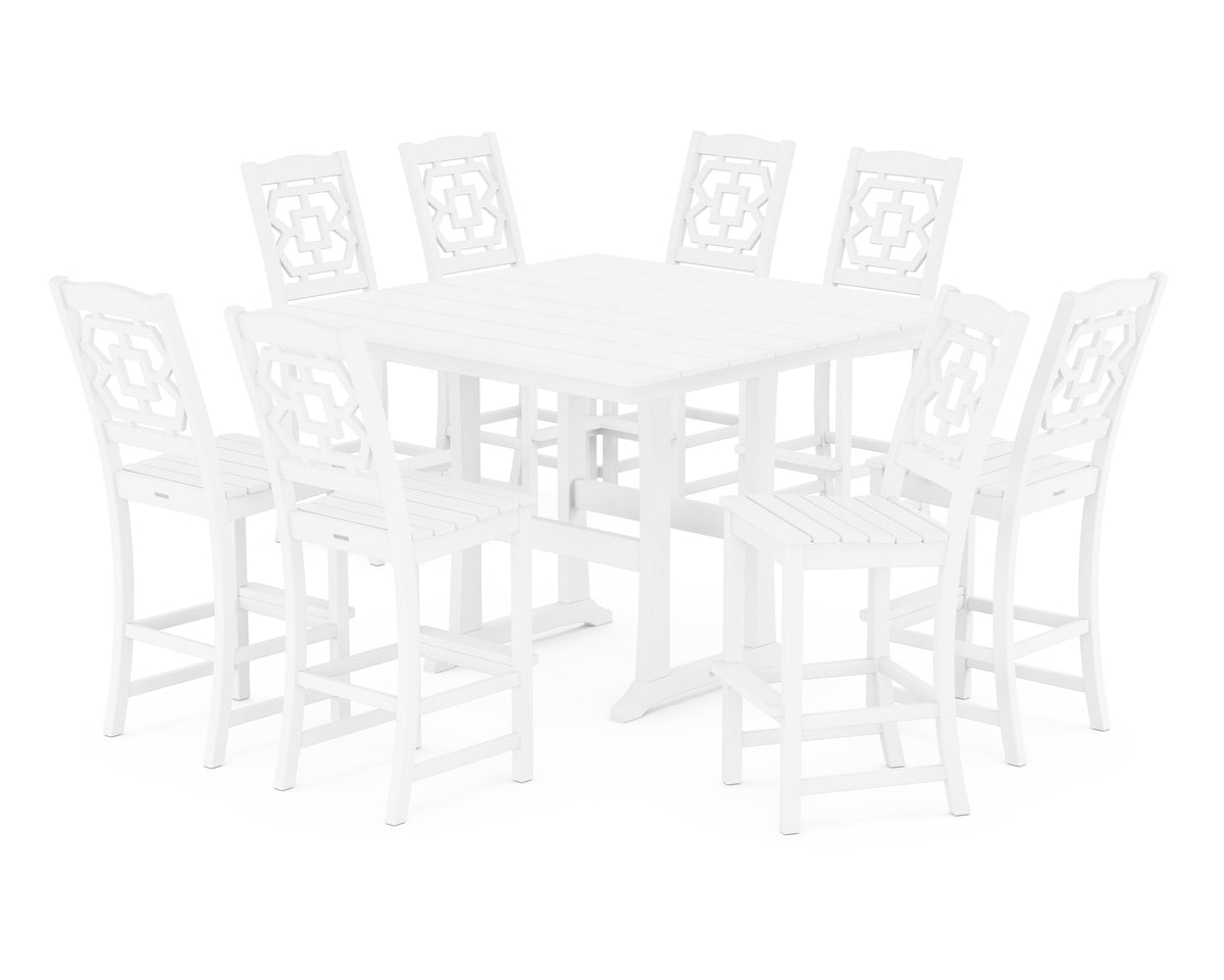 POLYWOOD Chinoiserie 9-Piece Square Farmhouse Side Chair Bar Set with Trestle Legs in White