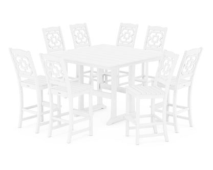 POLYWOOD Chinoiserie 9-Piece Square Farmhouse Side Chair Bar Set with Trestle Legs in White