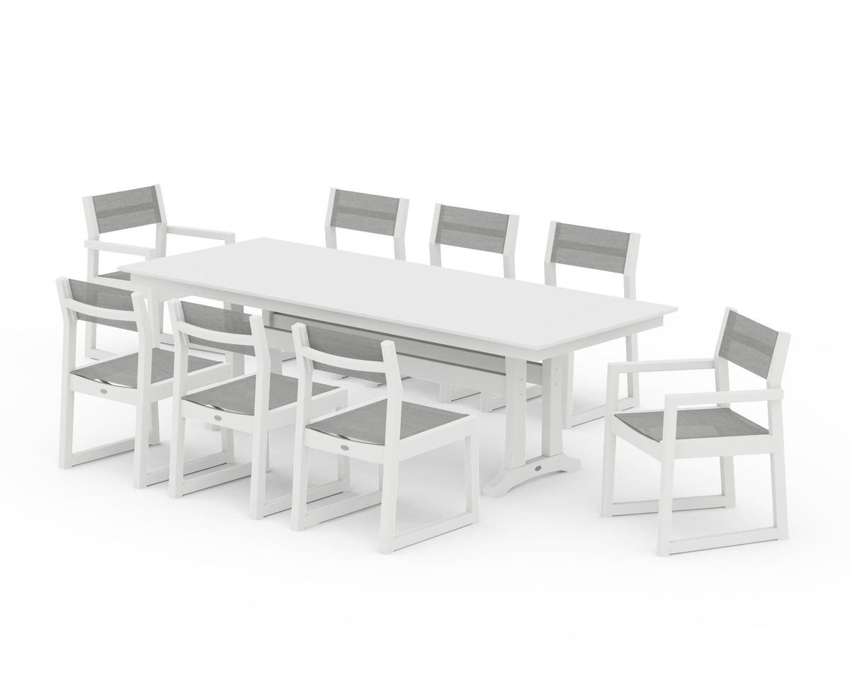 POLYWOOD EDGE Sling 9-Piece Farmhouse Trestle Dining Set in White / Metallic