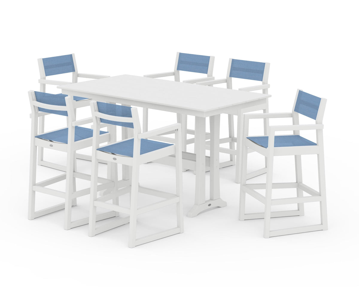 POLYWOOD EDGE Sling Arm Chair 7-Piece Farmhouse Bar Set with Trestle Legs in White / Poolside