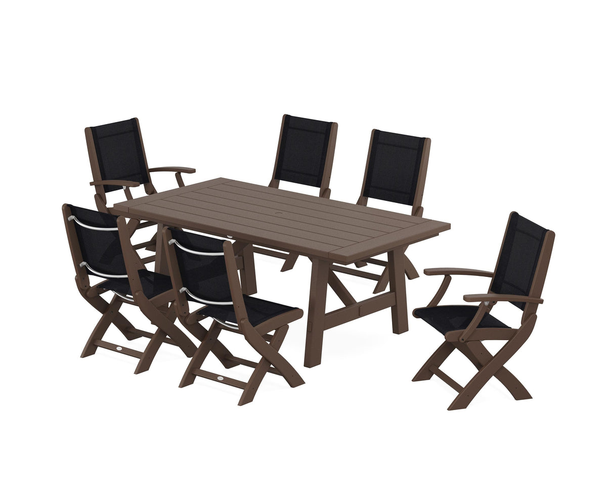 POLYWOOD Coastal Folding Chair 7-Piece Rustic Farmhouse Dining Set in Mahogany / Black