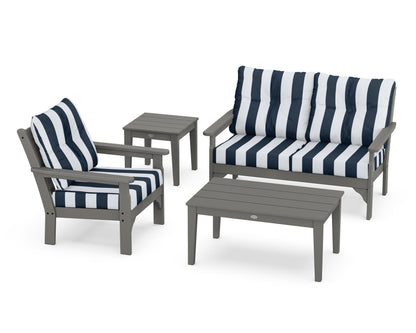 POLYWOOD Vineyard 4-Piece Deep Seating Set with 36" Coffee Table in Slate Grey / Cabana Stripe Marine Indigo