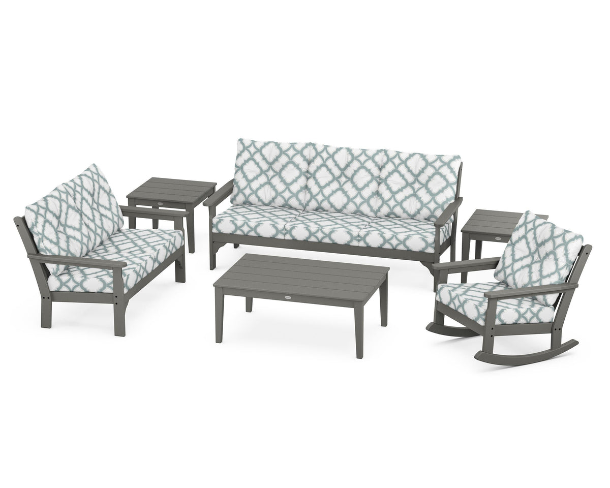 POLYWOOD Vineyard 6-Piece Deep Seating Set with Rocking Chair in Slate Grey / Trellis Glacier Spa