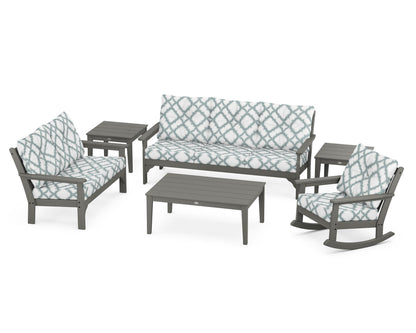 POLYWOOD Vineyard 6-Piece Deep Seating Set with Rocking Chair in Slate Grey / Trellis Glacier Spa