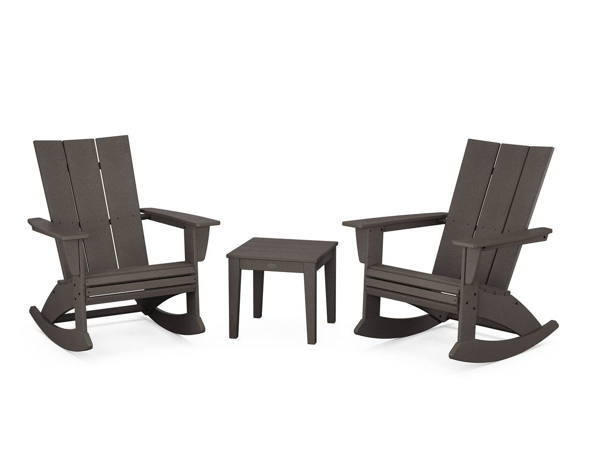 POLYWOOD Modern Curveback 3-Piece Adirondack Rocking Chair Set in Vintage Coffee