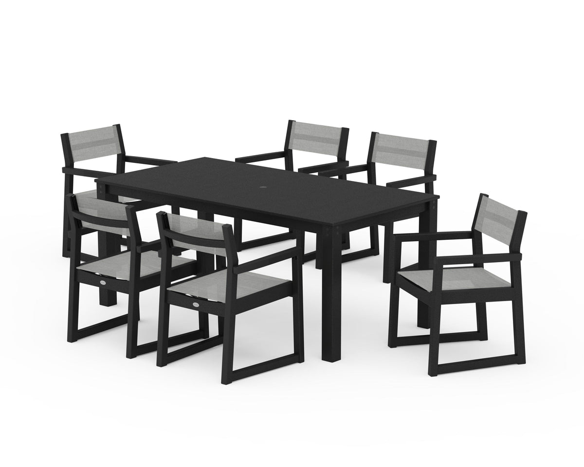 POLYWOOD EDGE Sling Arm Chair 7-Piece Parsons Dining Set in Black / Metallic