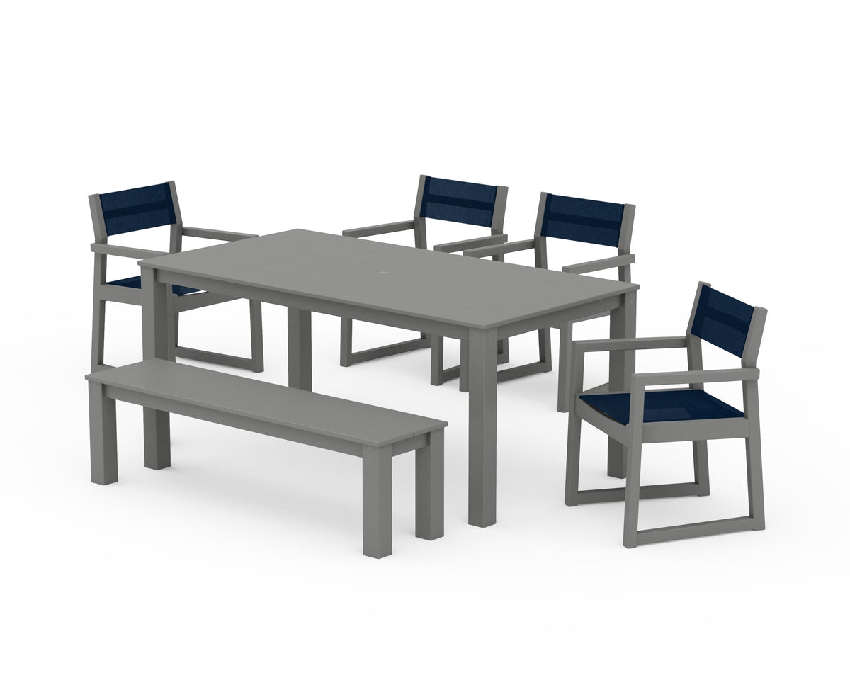 POLYWOOD EDGE Sling Arm Chair 6-Piece Parsons Dining Set with Bench in Slate Grey / Navy Blue