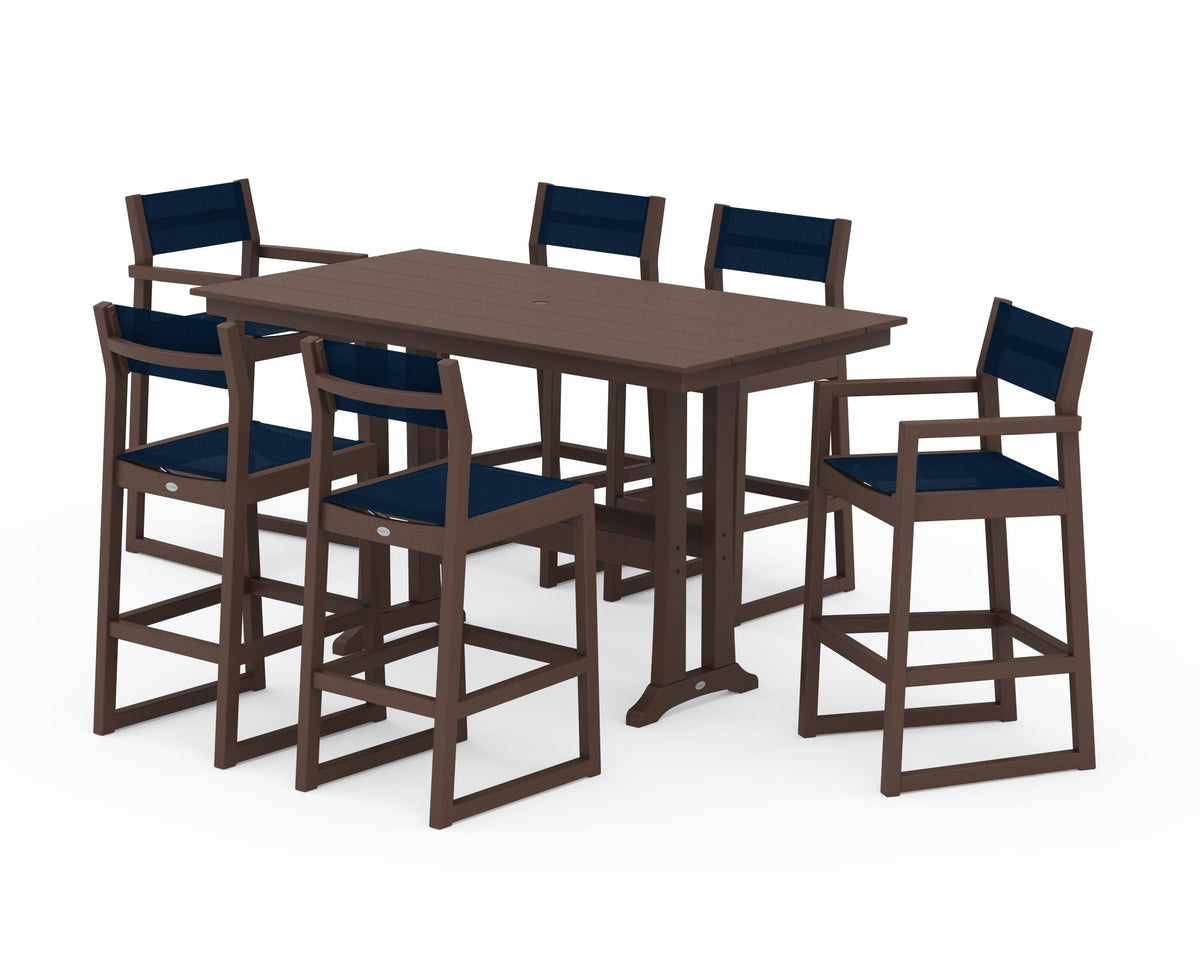 POLYWOOD EDGE Sling 7-Piece Farmhouse Bar Set with Trestle Legs in Mahogany / Navy Blue